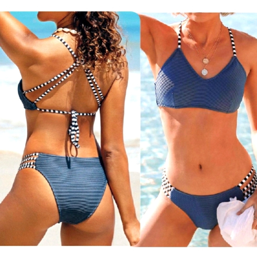 Strappy Blue Ribbed Bikini